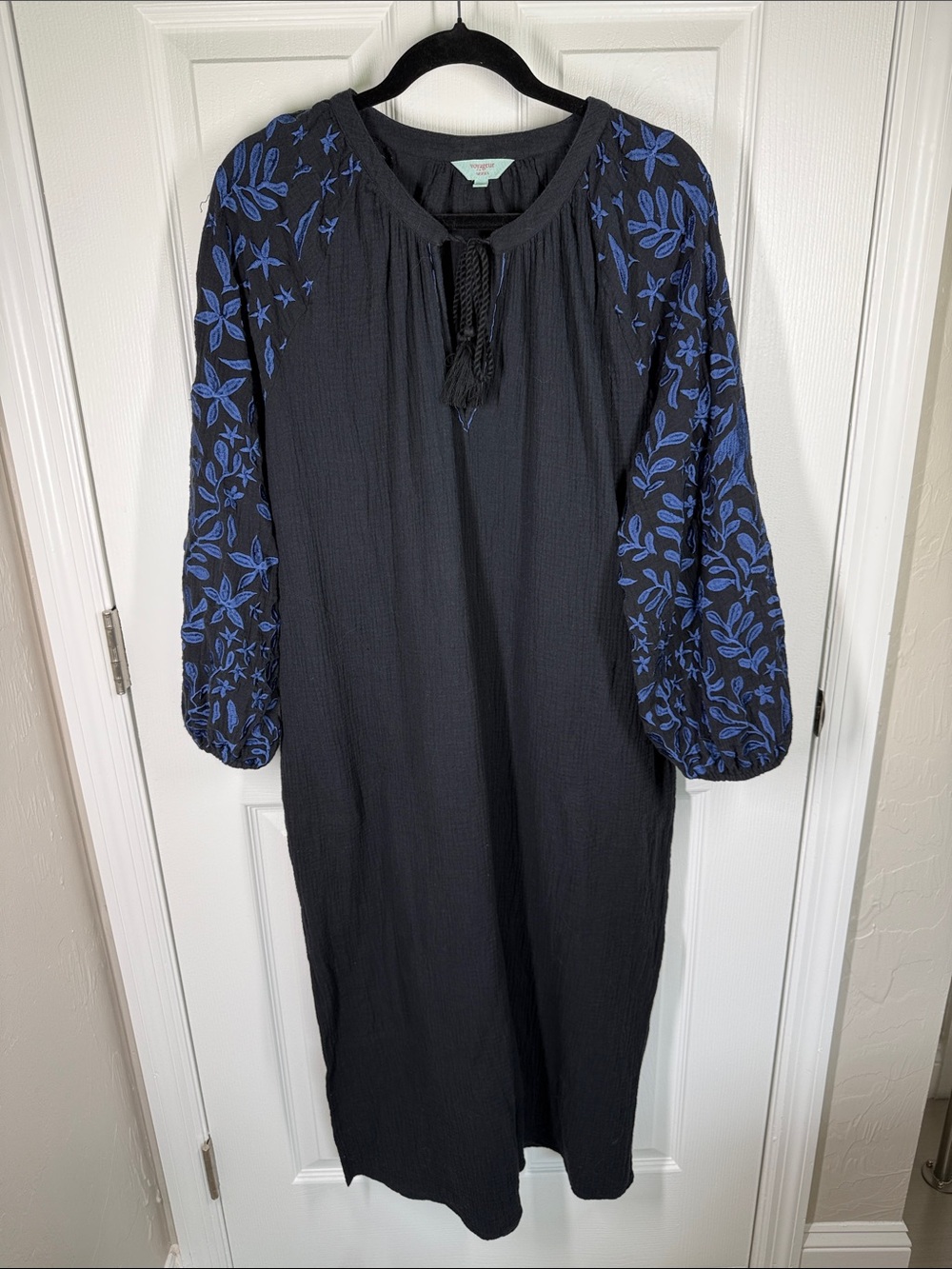 Voyageur by Mersea black muslin cotton dress with blue embroidered puff sleeves